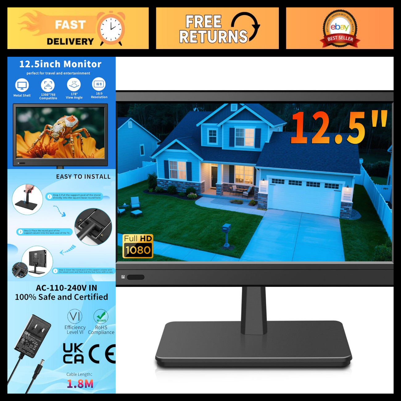 12.5" Security Monitor with Speaker, HDMI/VGA/BNC/RCA, Remote Control for Home/O