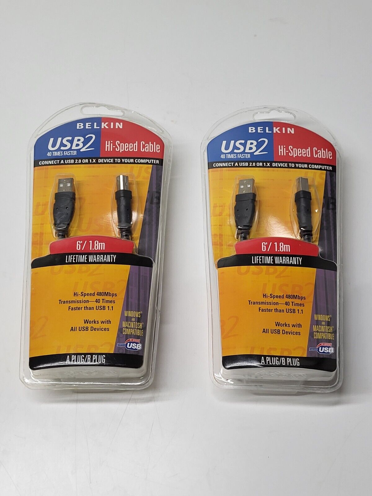 Lot of 2 Belkin 6’ Hi-Speed Cable USB2 A Plug/B Plug F3U133-06 Pro Series