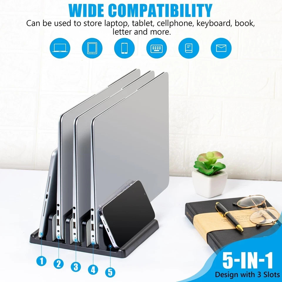 Vertical Laptop Stand, 3 Slot Adjustable Laptop Storage Rack and Desk Organiz...