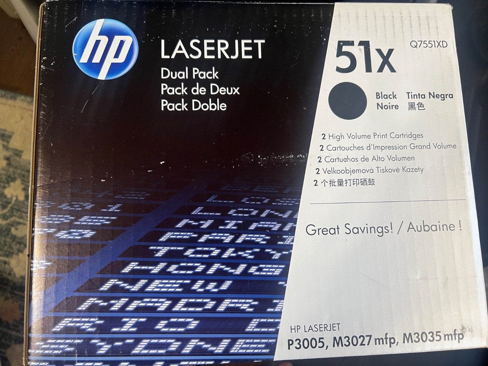New, sealed, OEM HP 51X dual pack black toner (Q7551XD) - Excellent