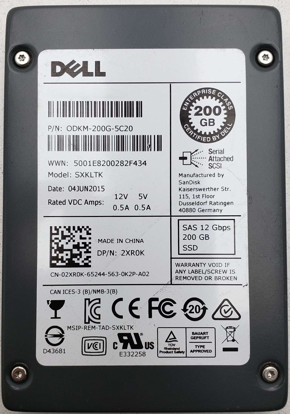 Dell SanDisk SXKLTK 200GB 12Gb/s SAS 2.5in Enterprise SSD P/N: ODKM-200G-5C20.