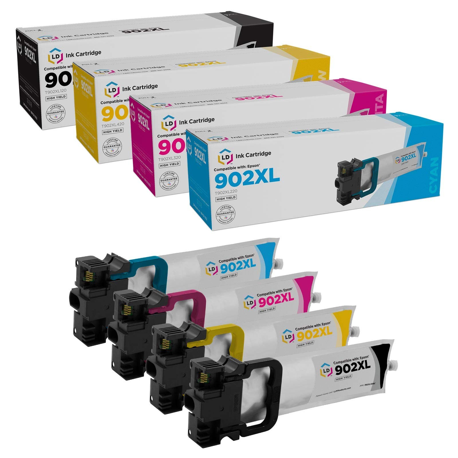 LD Ink Cartridge Replacement for Epson 902XL High Capacity (B, C, M, Y, 4-Pack)