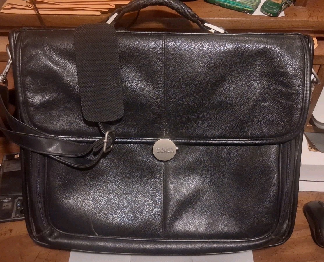Dell Black Leather Executive Laptop Briefcase – Classic Professional Messenger B