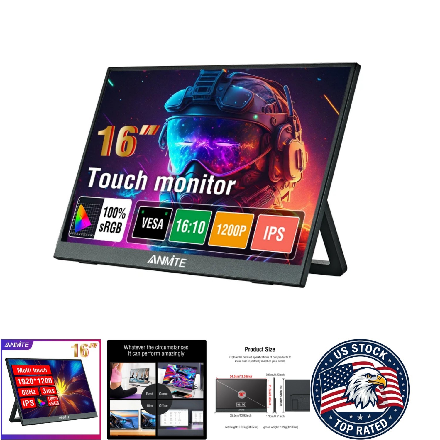 16-Inch Portable Touch Monitor for XBox PS4 5 Switch PC - HDR10, IPS, Type-C
