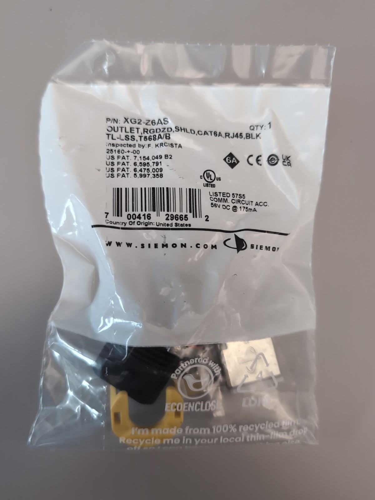 Siemon Company XG2-Z6AS T568A/B RJ45 Shielded Filtered Rugged Outlet Ethernet 