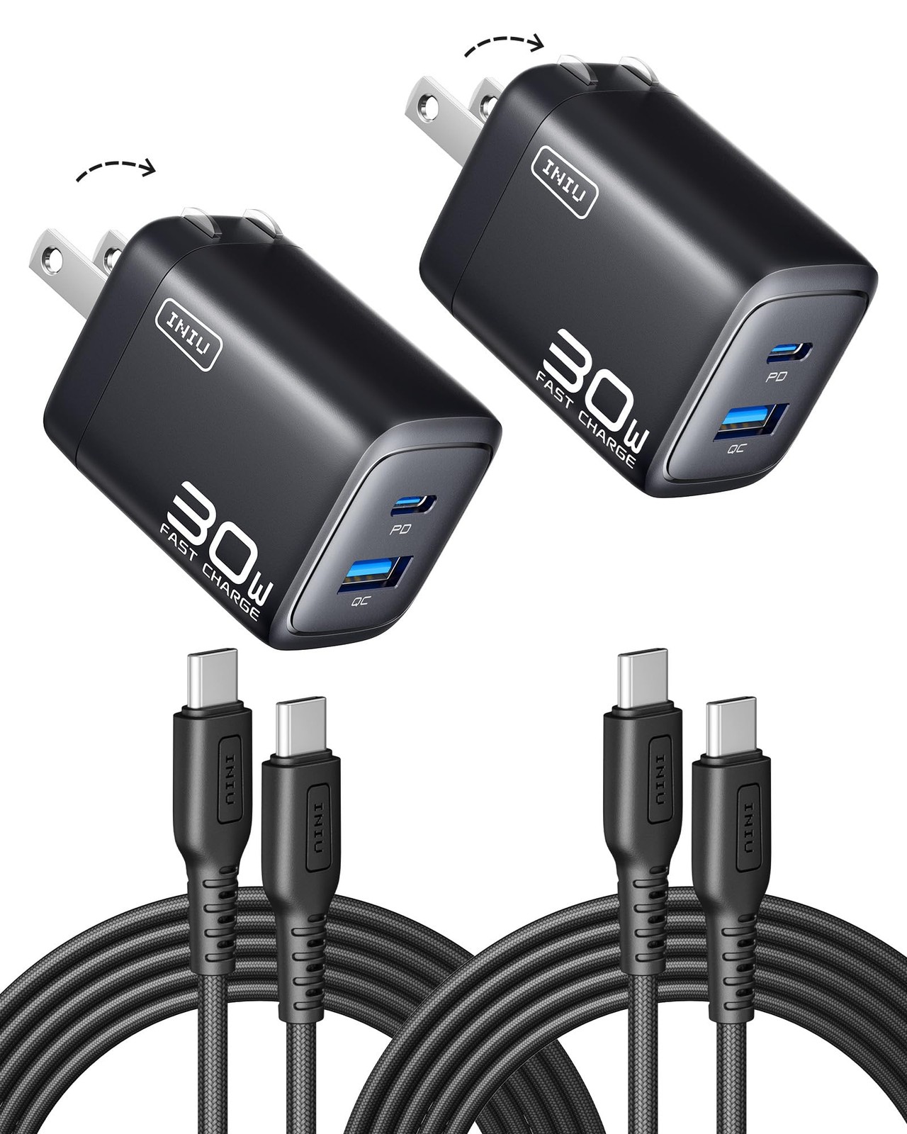 INIU Mini USB C Charger, 30W GaN Fast Charging ETL 2 Packs + 2 Cables, Black