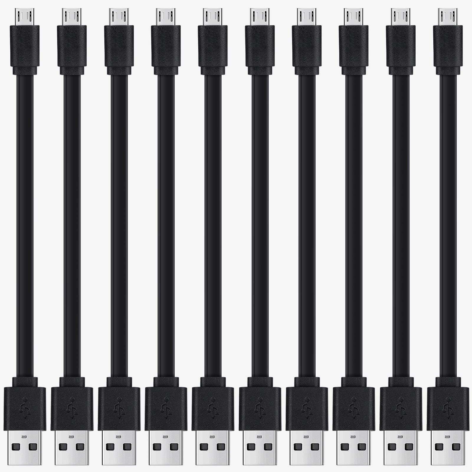 Short Micro USB Cable 10-Pack Bulk, Flat, 1ft Microusb Charger Cord Black