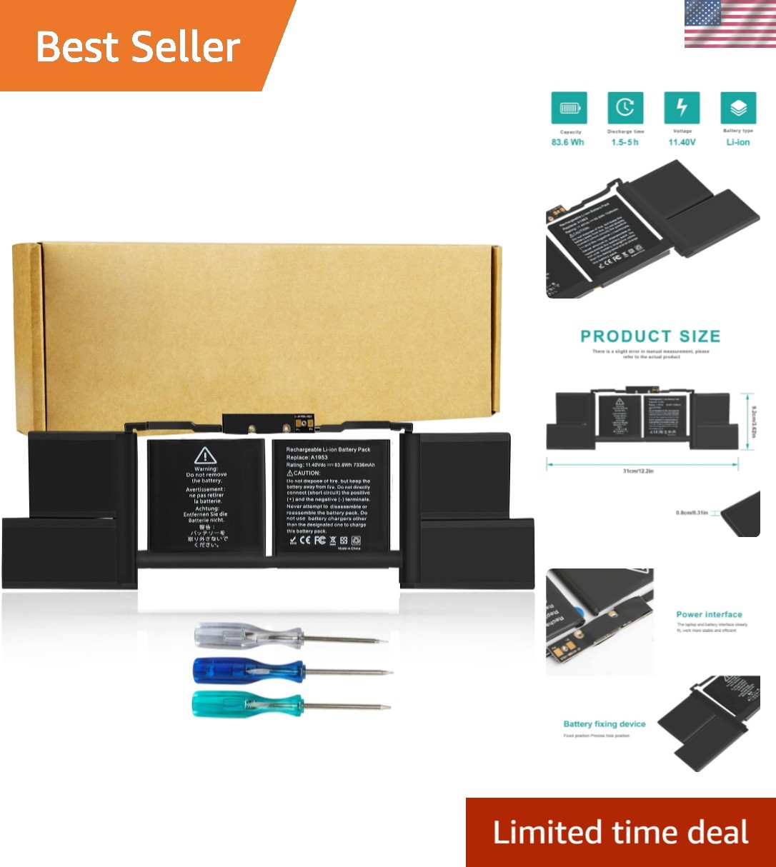 A1953 A1990 Laptop Battery for MacBook Pro A1953 Mid 2018 2019 Replacement wi...