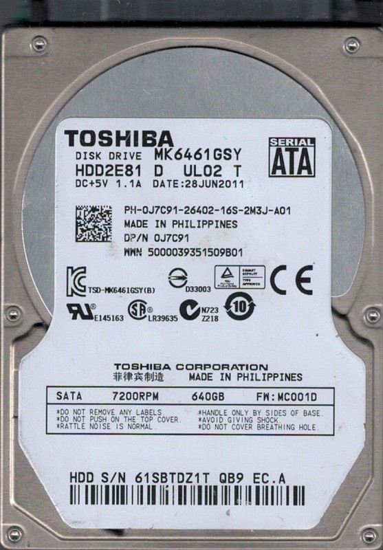 MK6461GSY HDD2E81 D UL02 T F/W: MC001D Toshiba 500GB