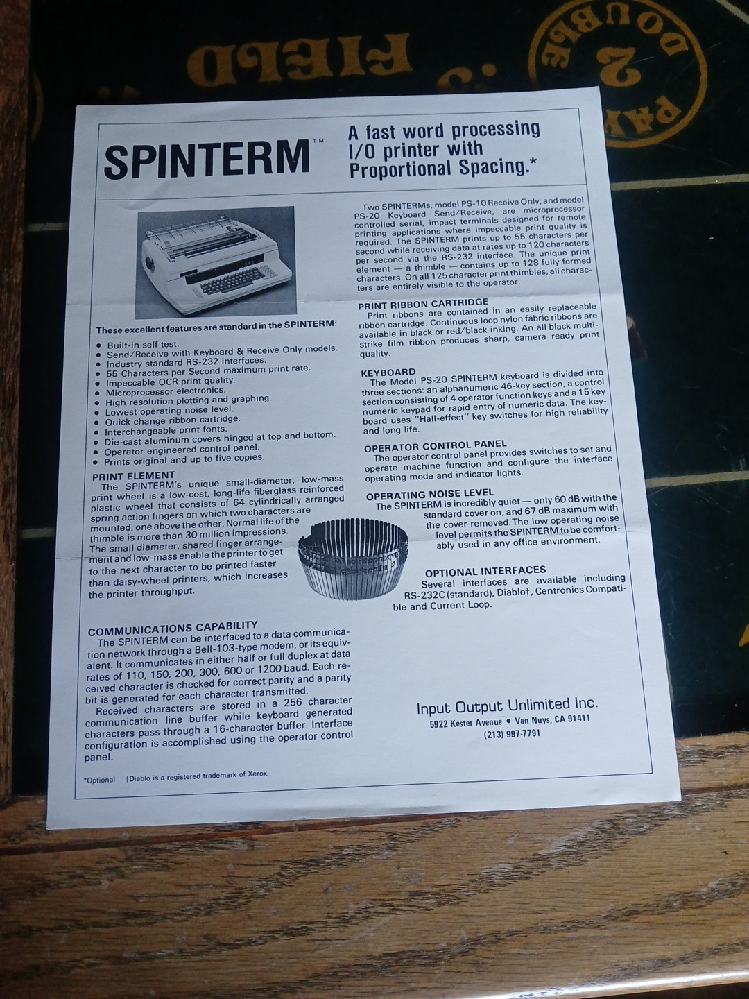 Vintage 1 Page Brochure Spinterm Input Output Unlimited Inc.