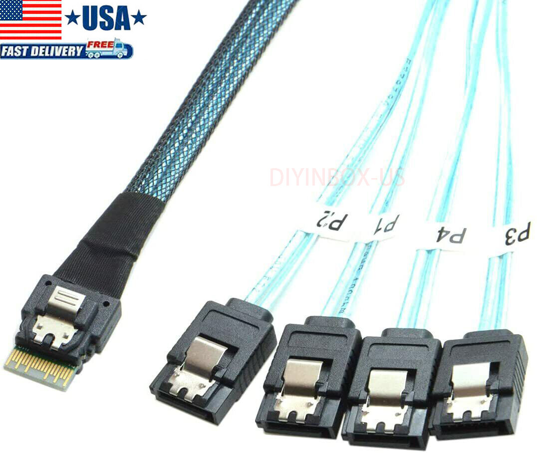 Slim Line SAS4.0 SFF-8654 38pin Host to 4-SATA 7Pin Target HDD Fanout Raid Cable
