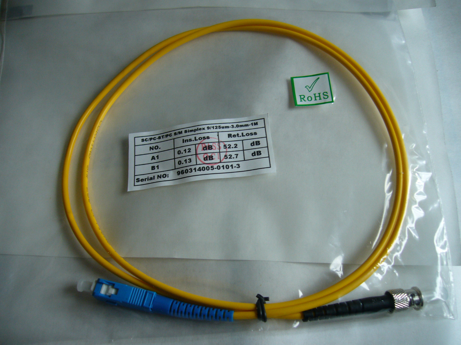 SC to ST fiber patch cord jumper cable singlemode 9/125 simplex 1m length, UPC