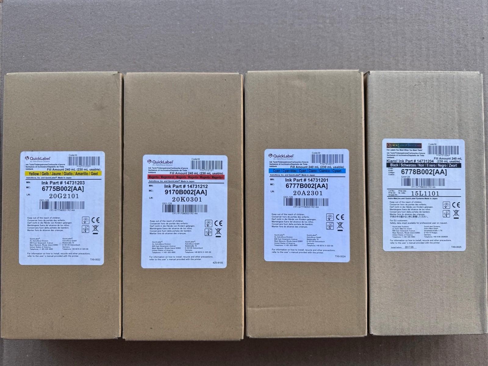Lot 4 QuickLabel Kiaro Ink Cartridge BK M C Y 240ml # 14731201/03/12/02