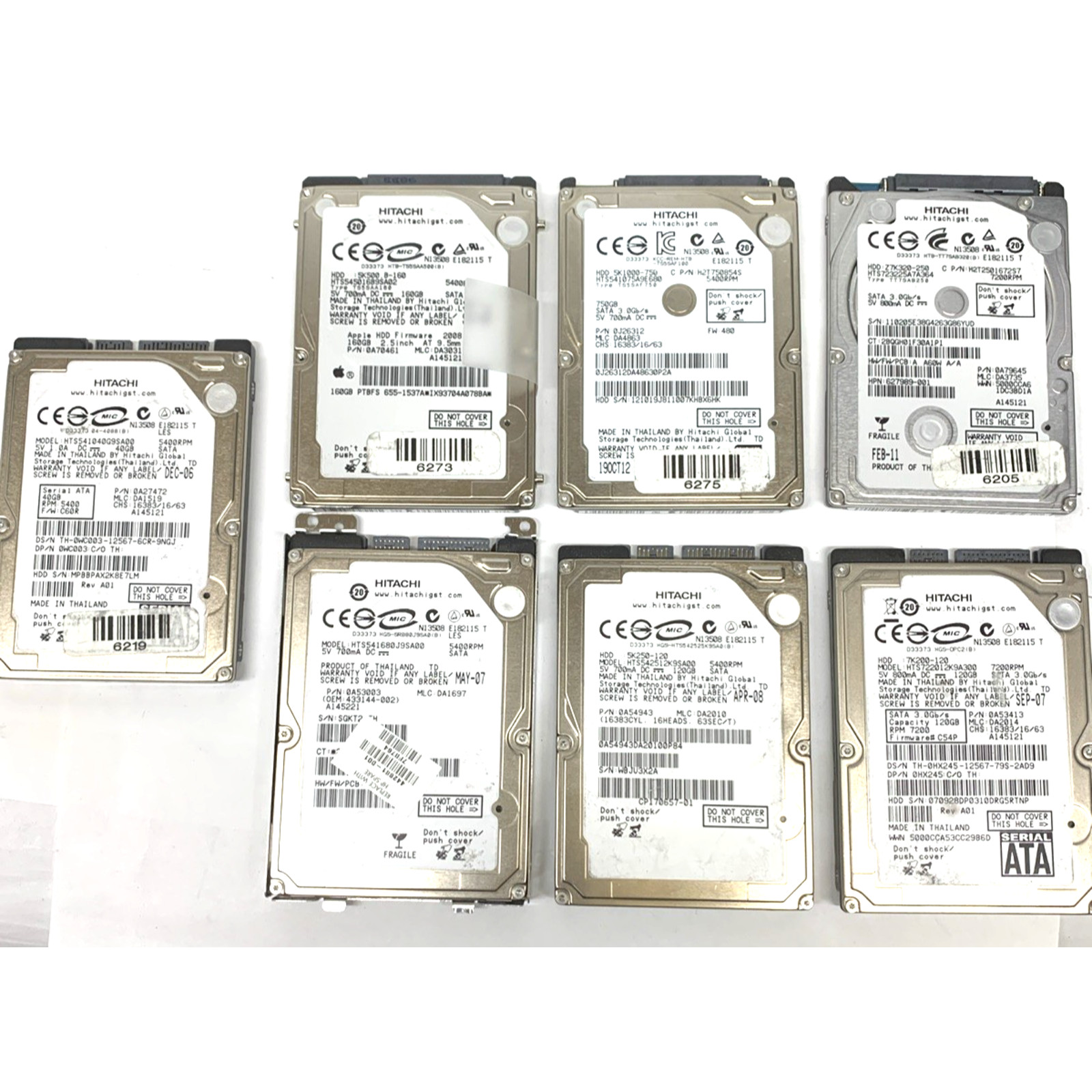 LOT of 7 x Hard Drive Lot Mixed 2.5 SATA Hitachi Tested 750GB 120GB 40GB 160GB