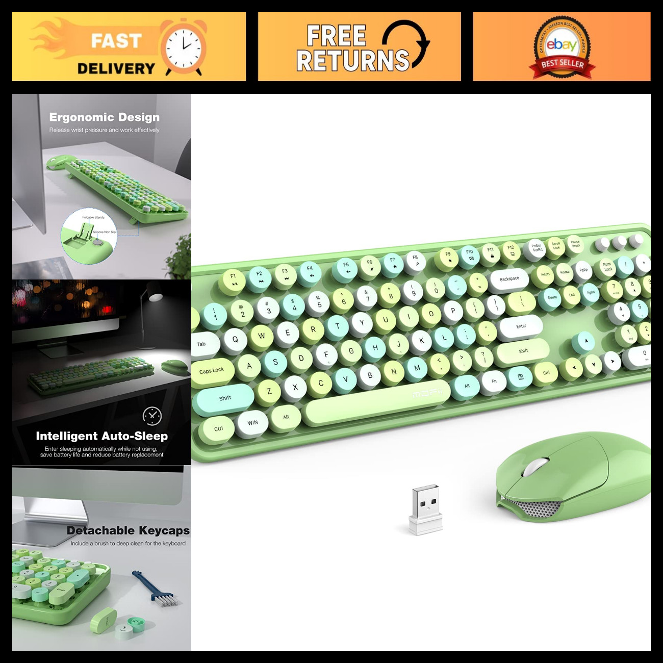 Wireless Retro Typewriter Keyboard & Mouse Combo, 2.4GHz, Full Size, Green for P