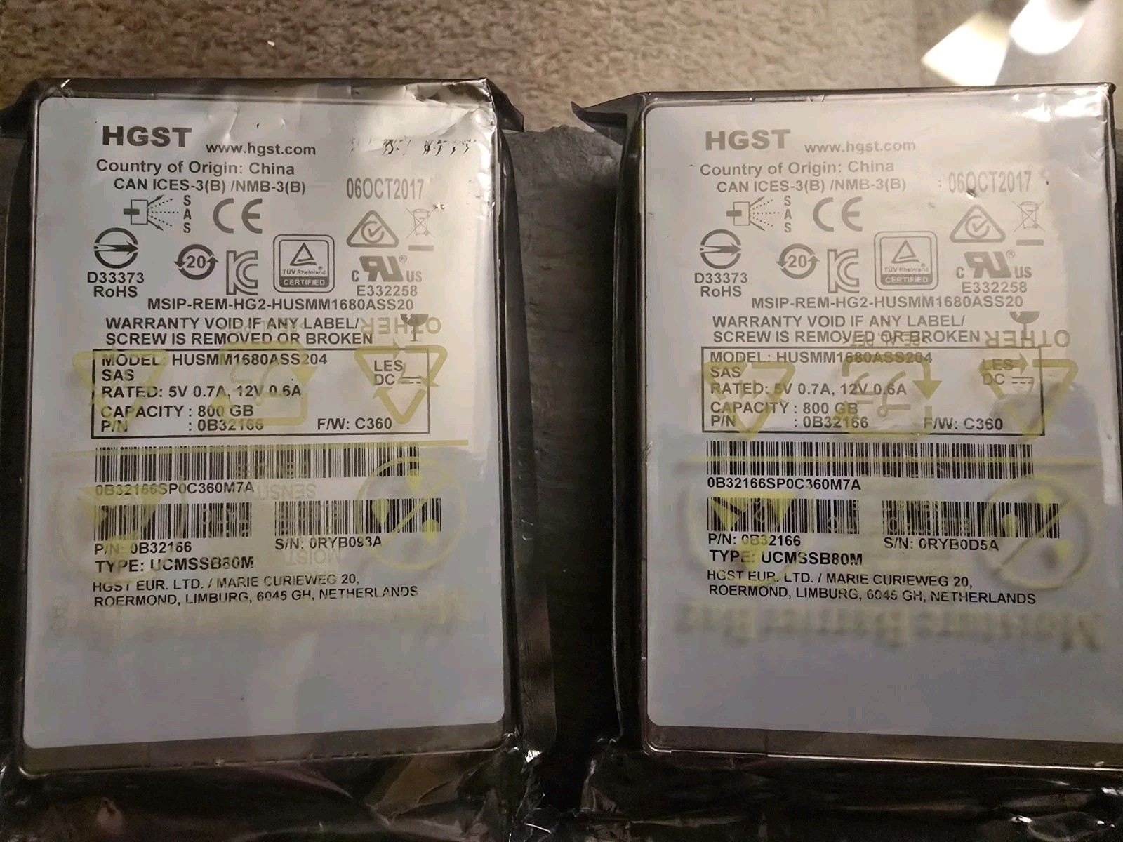 HGST Capacity 800GB HUSMM1680ASS204 P/N:0B32166 F/W C360 5V 0.7A 12V 0.6A