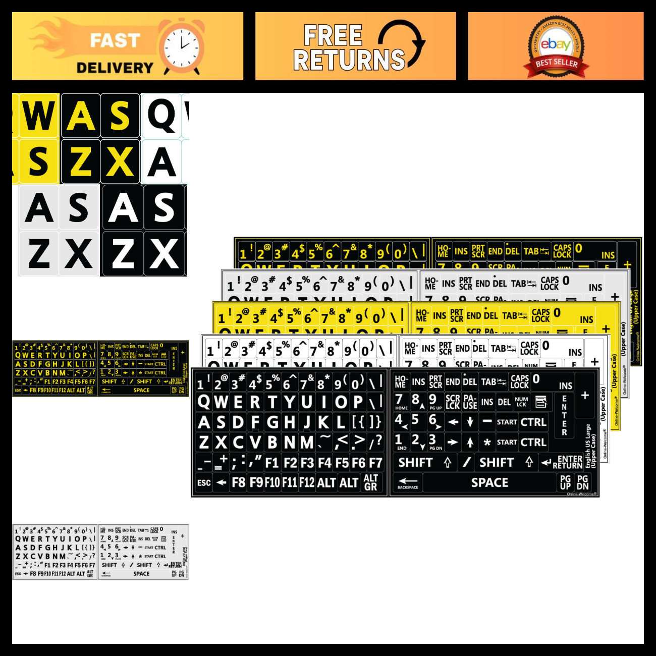 Large Print Keyboard Stickers - 5 Color Set, Black Yellow White Gray - Easy Appl