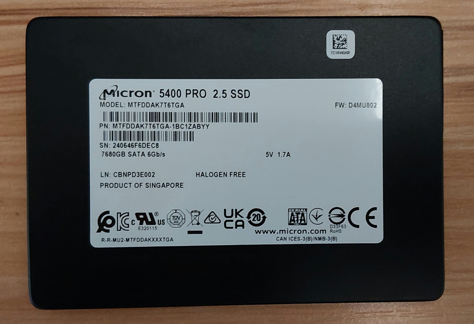 Micron 5400 PRO 7.68 TB Enterprise 2.5" SSD, 8821 Hours, 100%, MTFDDAK7T6TGA