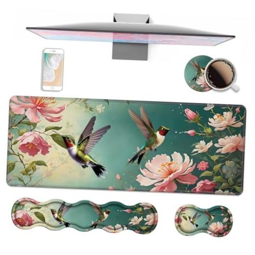 4 in 1 Ergonomic Keyboard Wrist Rest & Mouse Pad Wrist Rest Hummingbird Flowers