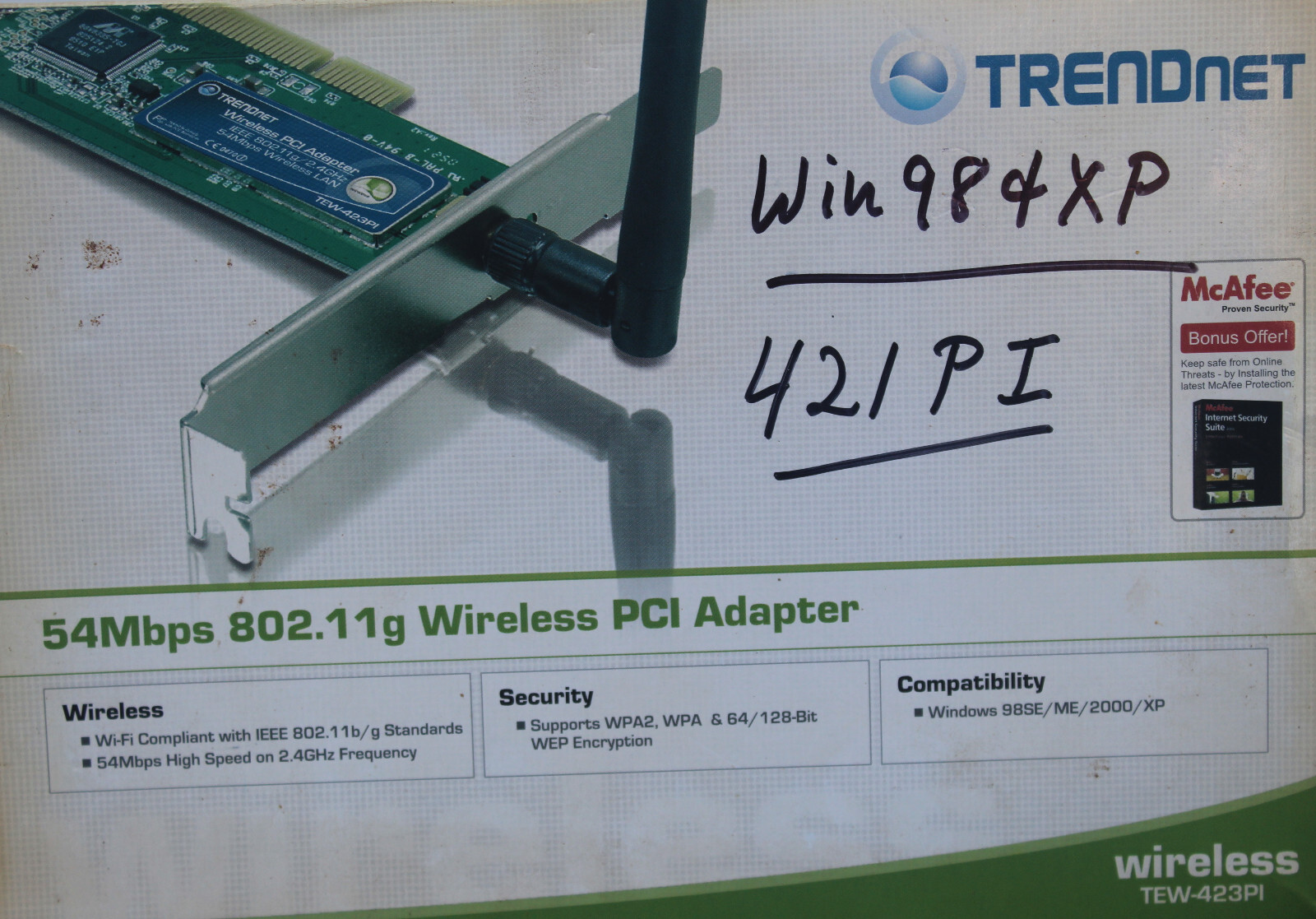 TRENDnet Wireless PCI Adapter 108Mbps 802.11g suport 64/128-Bit  TEW-423PI #353