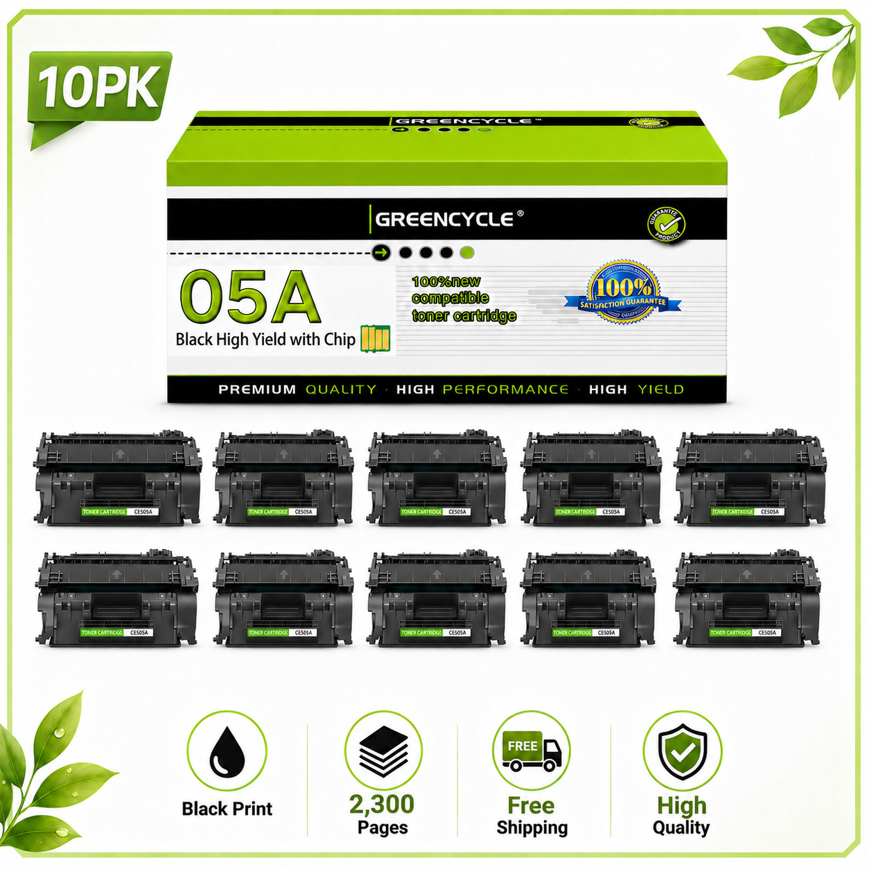 10 Pack CE505A 05A Toner Cartridge Fits for HP LaserJet P2030 P2035 P2050 P2055