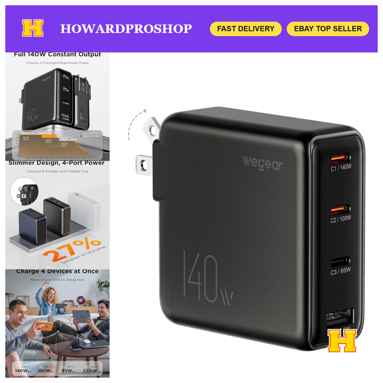 140W USB-C Laptop Charger, Slim 4-Port PD 3.1 GaN Power Adapter - Fast Charging