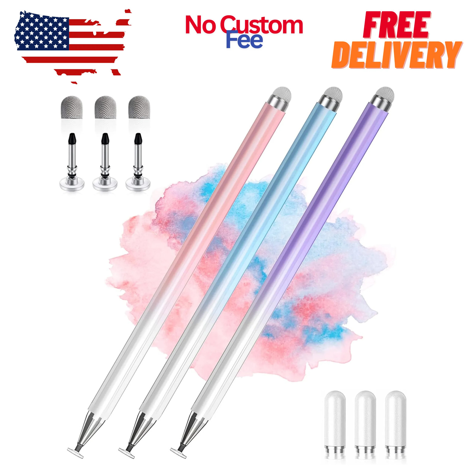 3 Pack Universal 2 in 1 High Precision Stylus Pens for Touch Screens Blue Pink