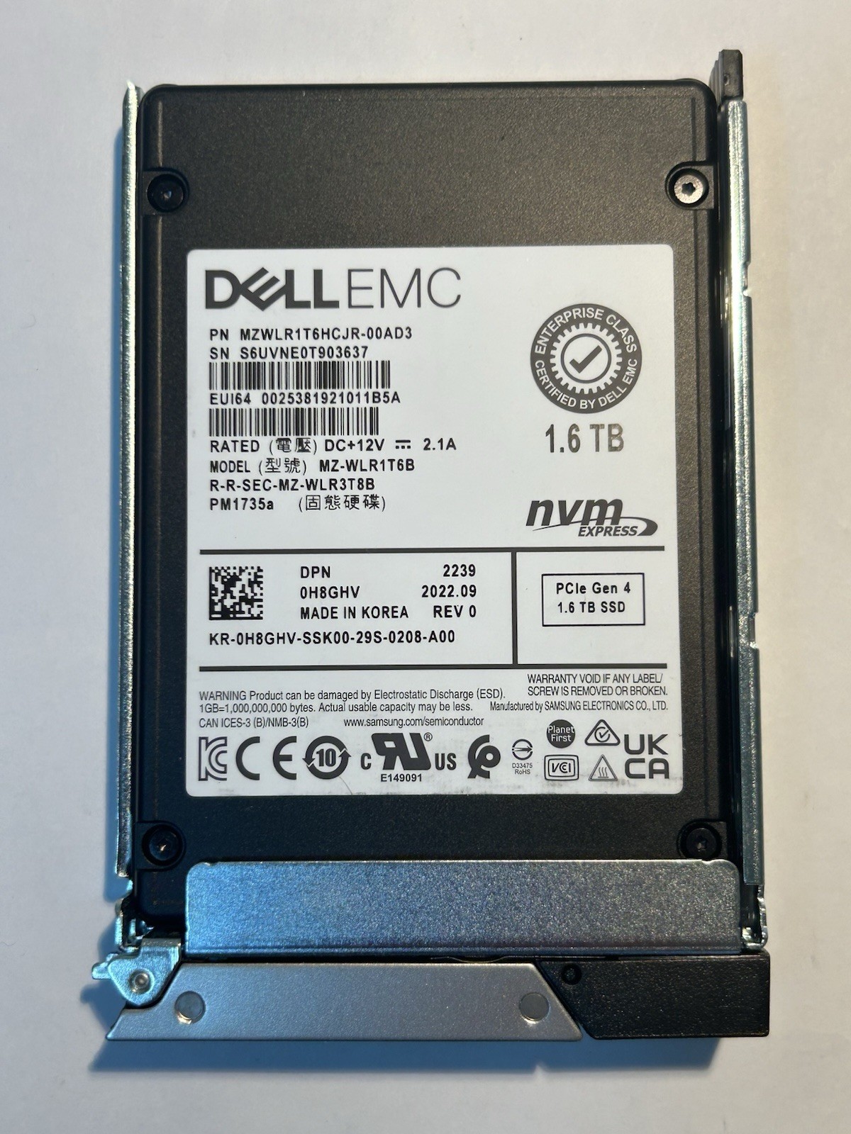 Dell H8GHV 1.6TB NVME PCIE4.0 MIXED USE U.2 2.5in SSD 0H8GHV MZ-WLR1T6B