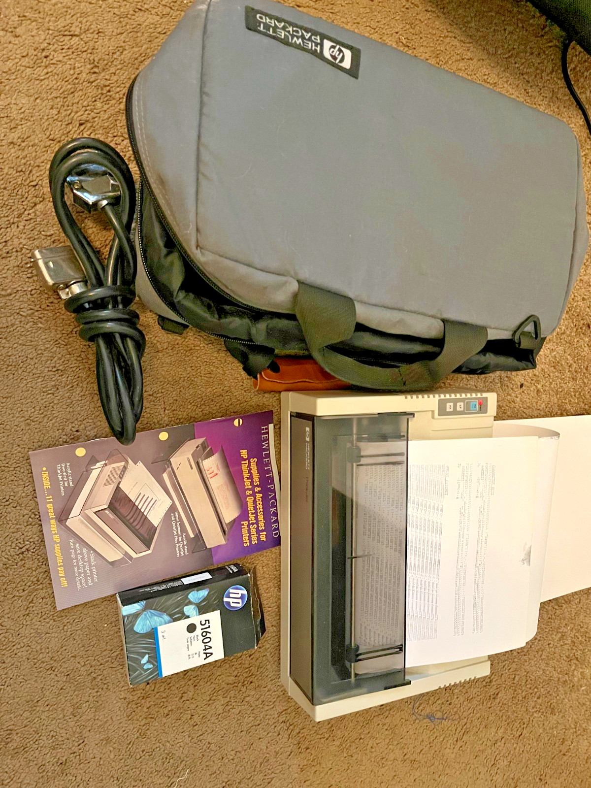 HP ThinkJet 2225A Vintage Printer Cable Carry Case Power Supply New INK Portable