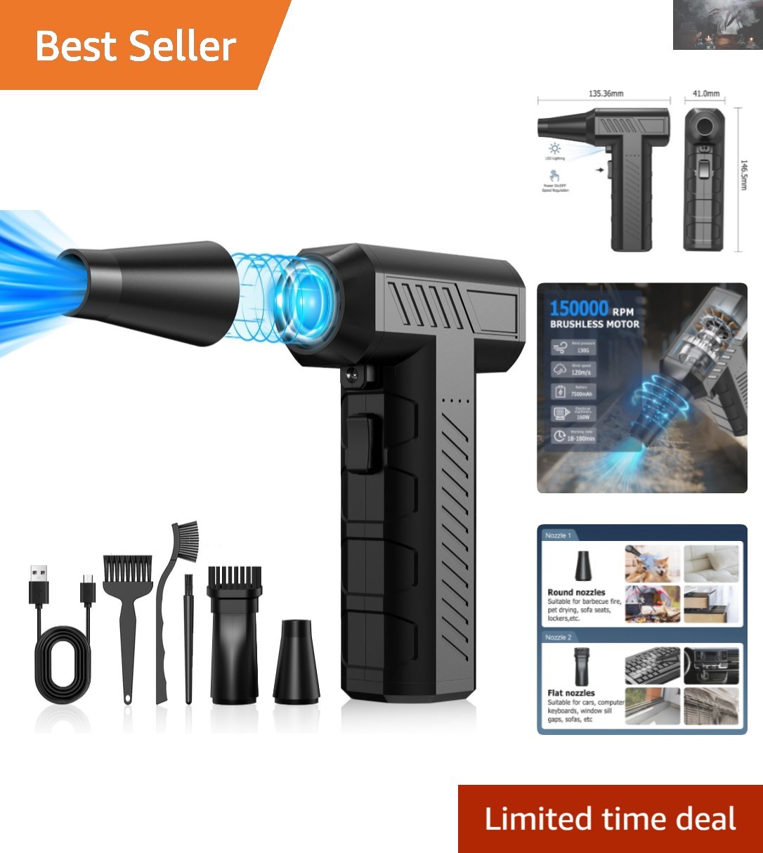 Multi-Purpose Cordless Air Blower - 2 Nozzles and Brushes for All Cleaning Needs