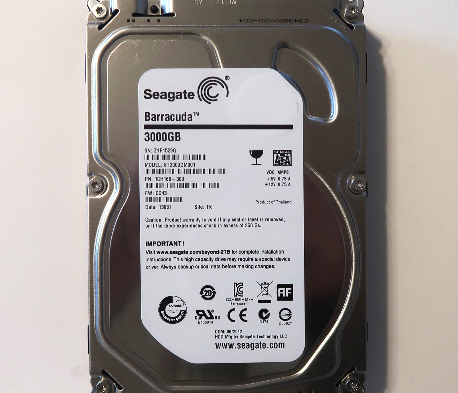 Seagate ST3000DM001 1CH166-300 CC43 TK Thailand (Z1F) 3.5" 3.0TB Sata HDD 2012