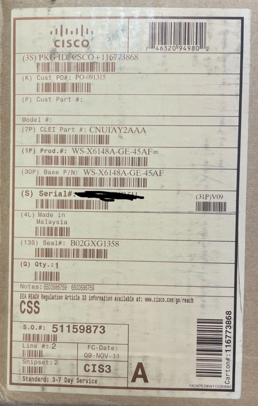 New Sealed Cisco WS-X6148A-GE-45AF Cisco Catalyst 6500 Interface Module