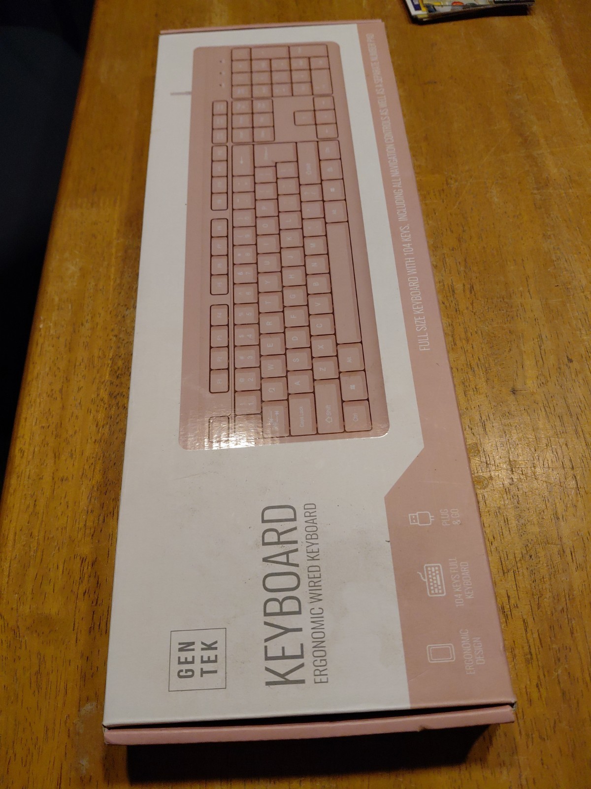 Gen Tek Ergonomic Wired Pink Keyboard Full Size USB Plug & Go With Number Pad