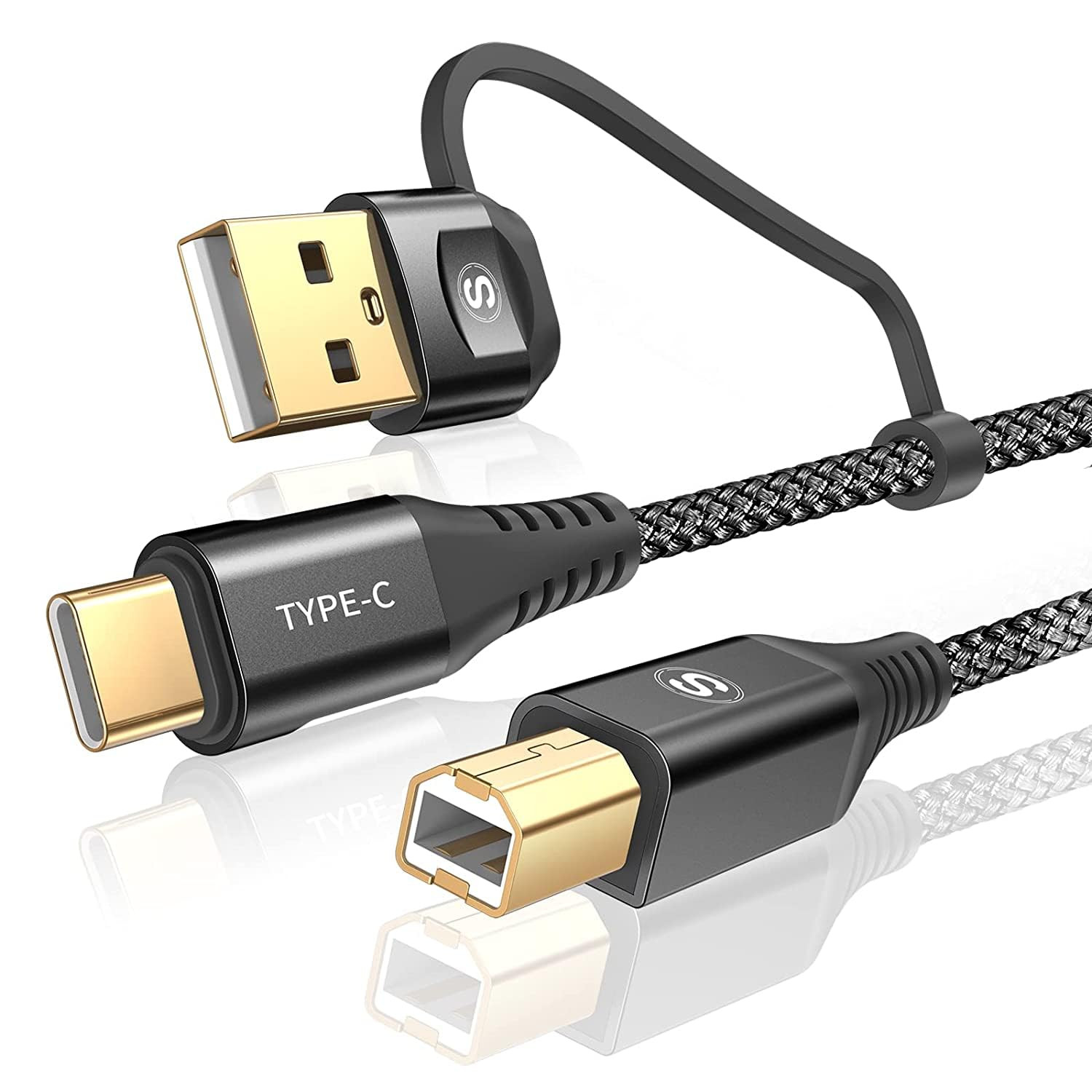 Printer Cable 2-In-1 USB-A/C to USB-B Cable High Speed Braided 20Ft Black