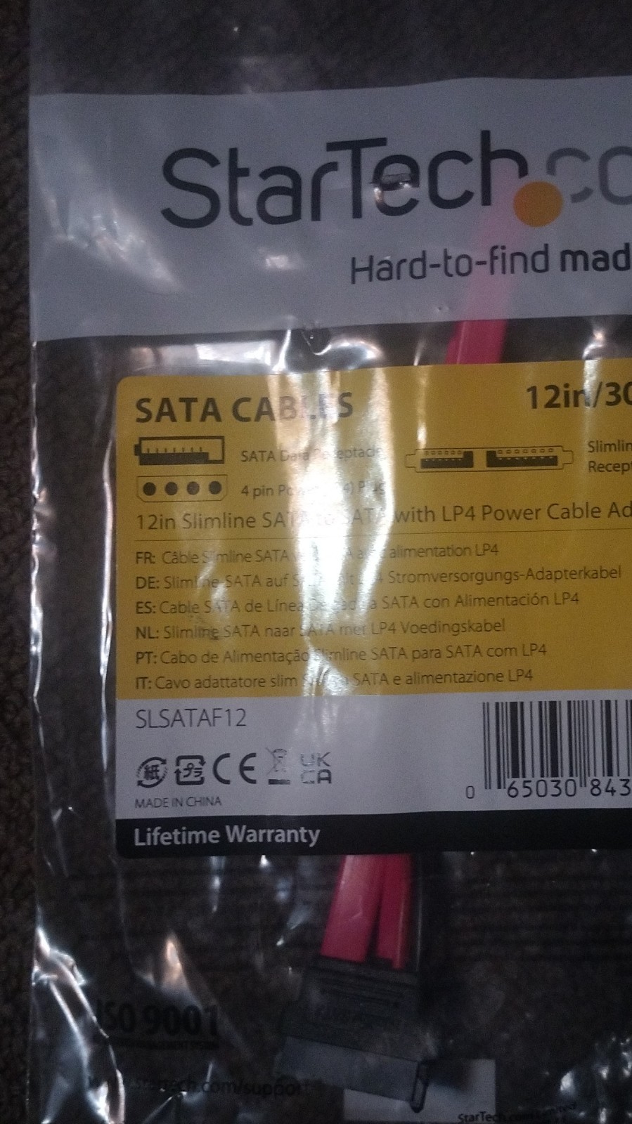 StarTech 12in Slimline SATA to SATA Cable with LP4 Power, Red/Black, SLSATAF12
