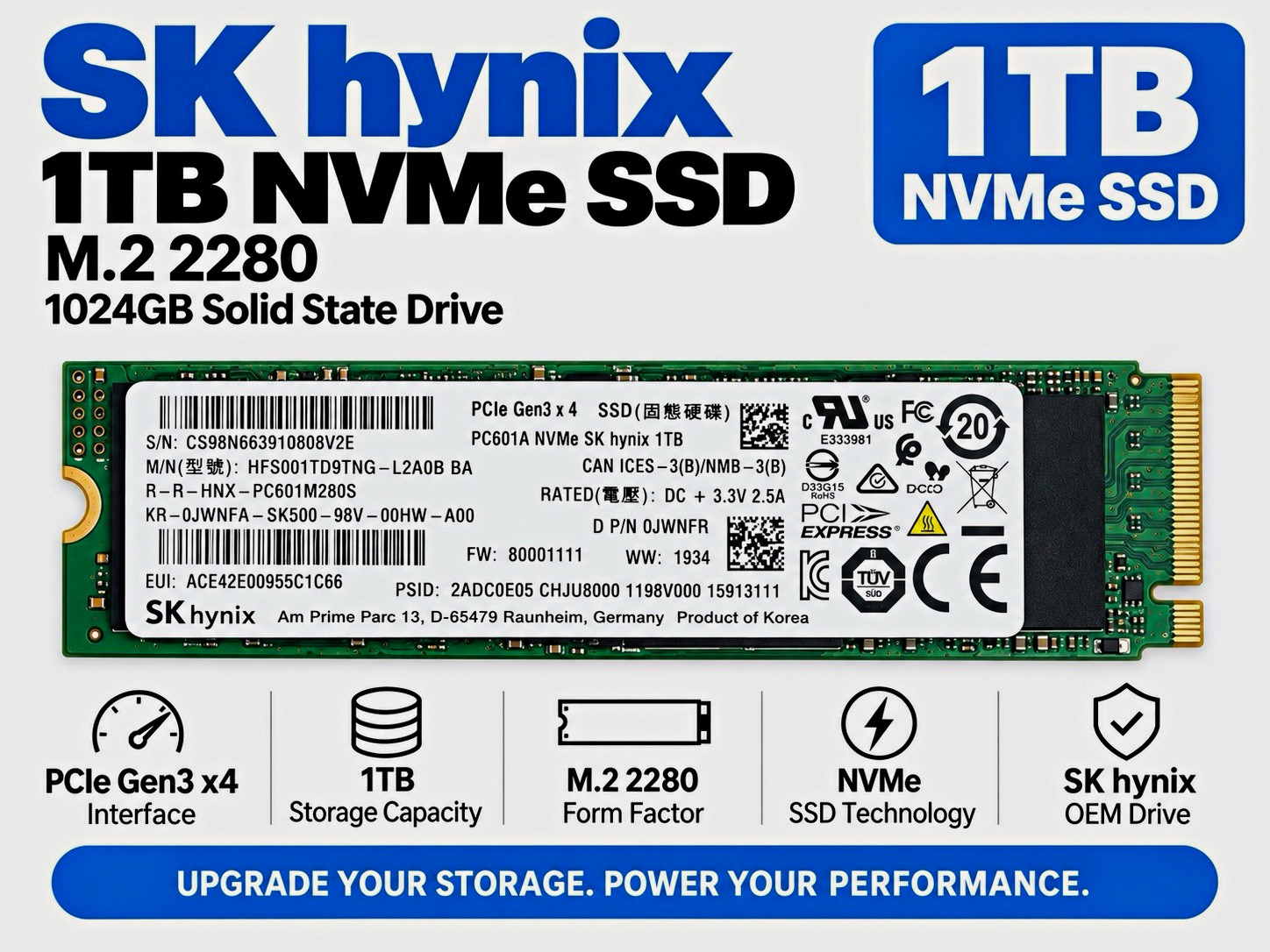 SK hynix 1TB NVMe PCIe Gen3 x4 M.2 2280 Internal SSD PC601A OEM