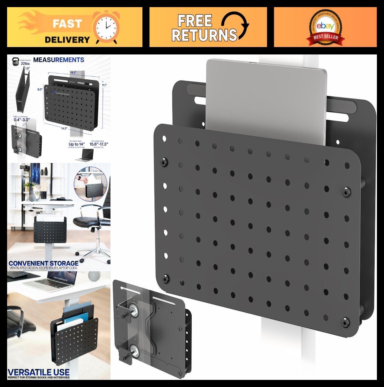 Clamp-On Laptop Mount Holder, Magnetic Peg Board 14x11, Desk Organizer, Black