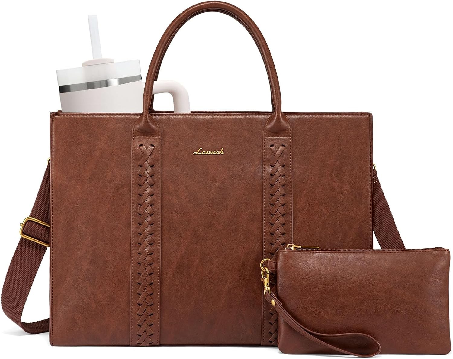 LOVEVOOK Laptop Tote Bag for Women, Vintage Leather Work Bag With Cup Holder,...