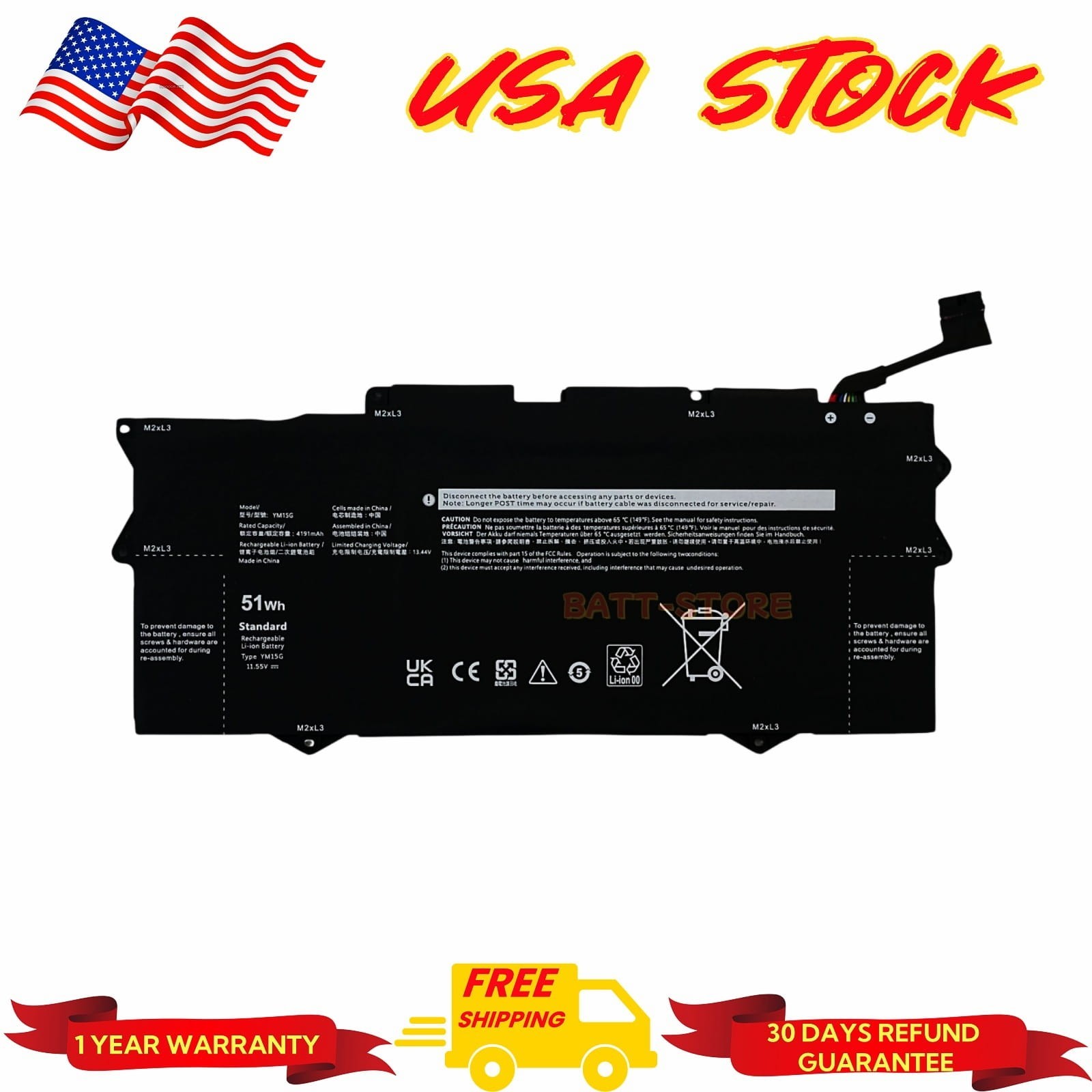 YM15G 51Wh Replacement Battery for Dell XPS 13 9315 [Not Fit 9315 2‑in‑1] G9FHC