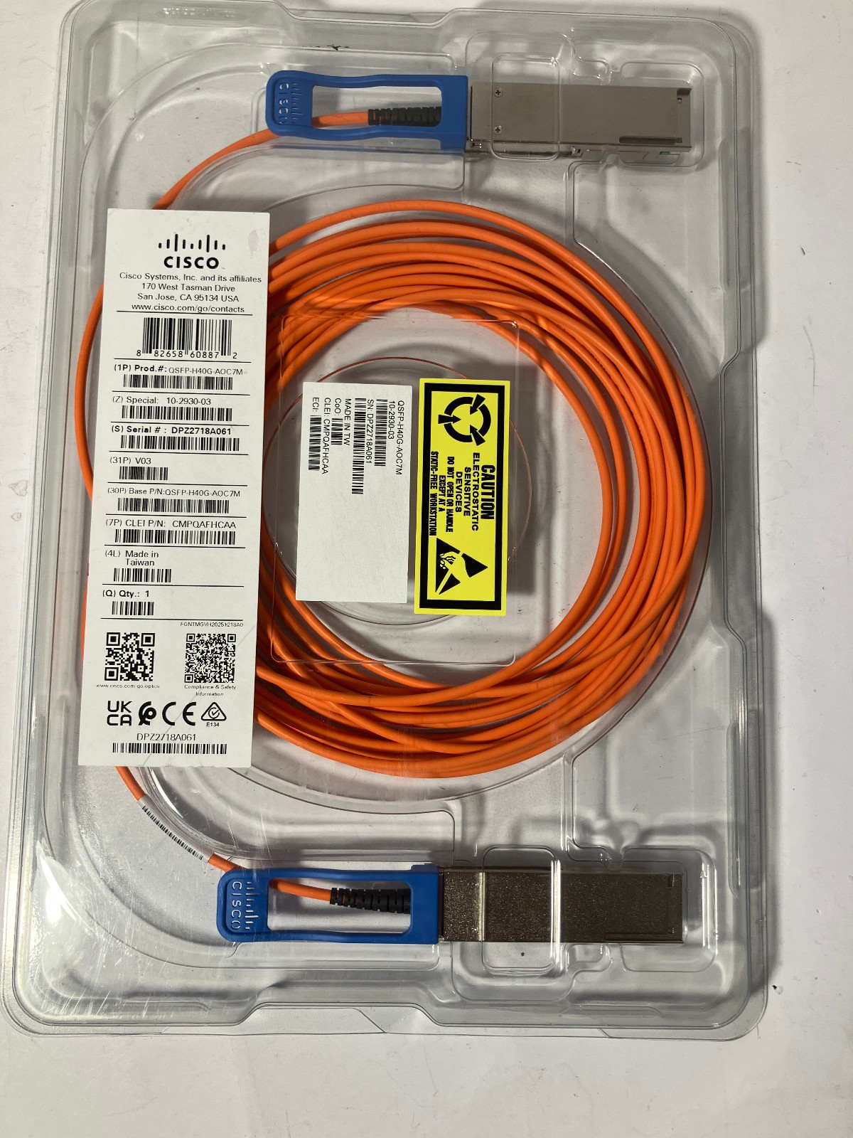 Genuine Cisco QSFP-H40G-AOC7M Fiber Cable 7 meters with Hologram in clamshell