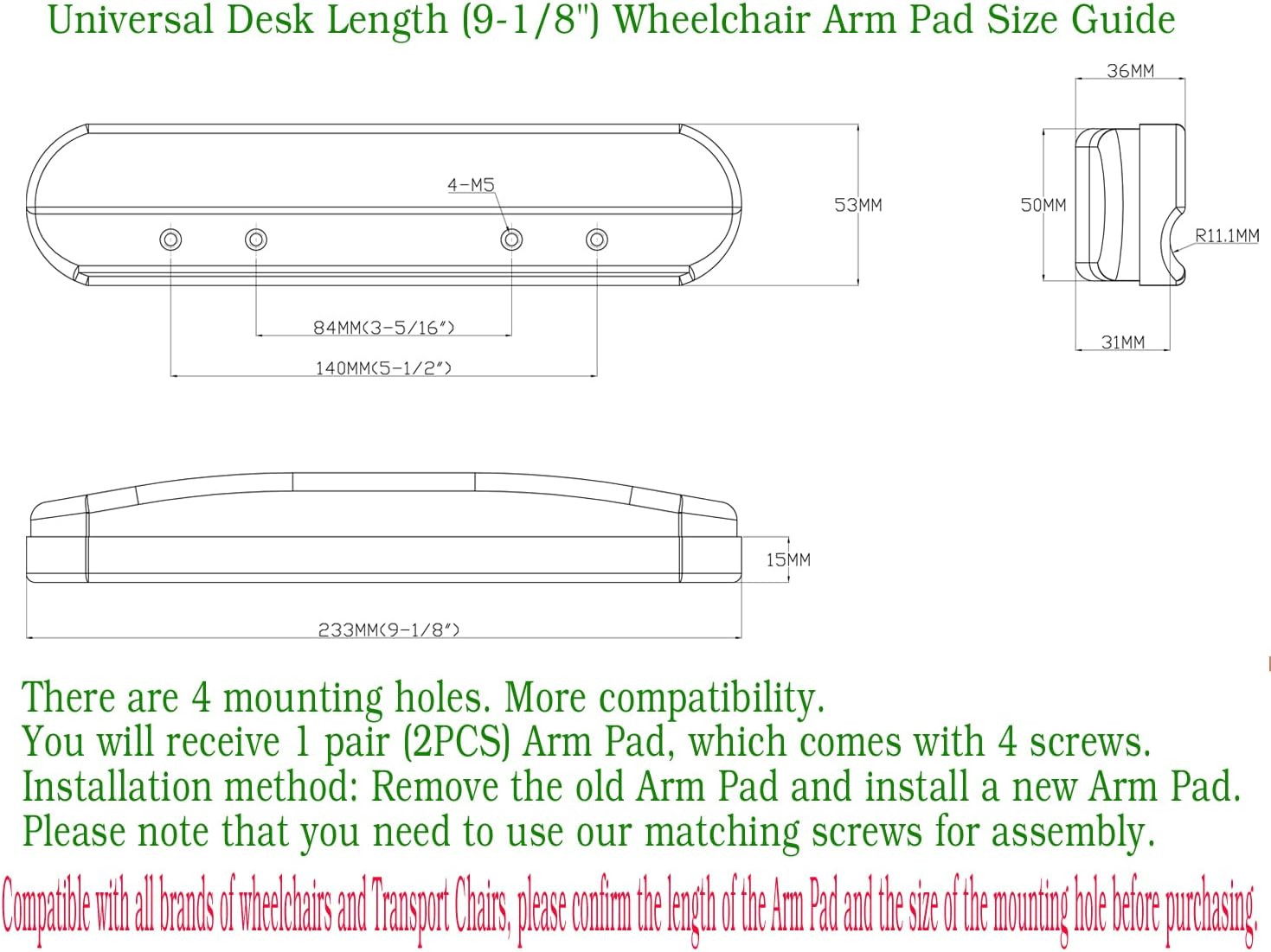 Universal Desk Arm Pad,Universal Desk Length (9-1/8") Wheelchair and Transpor...