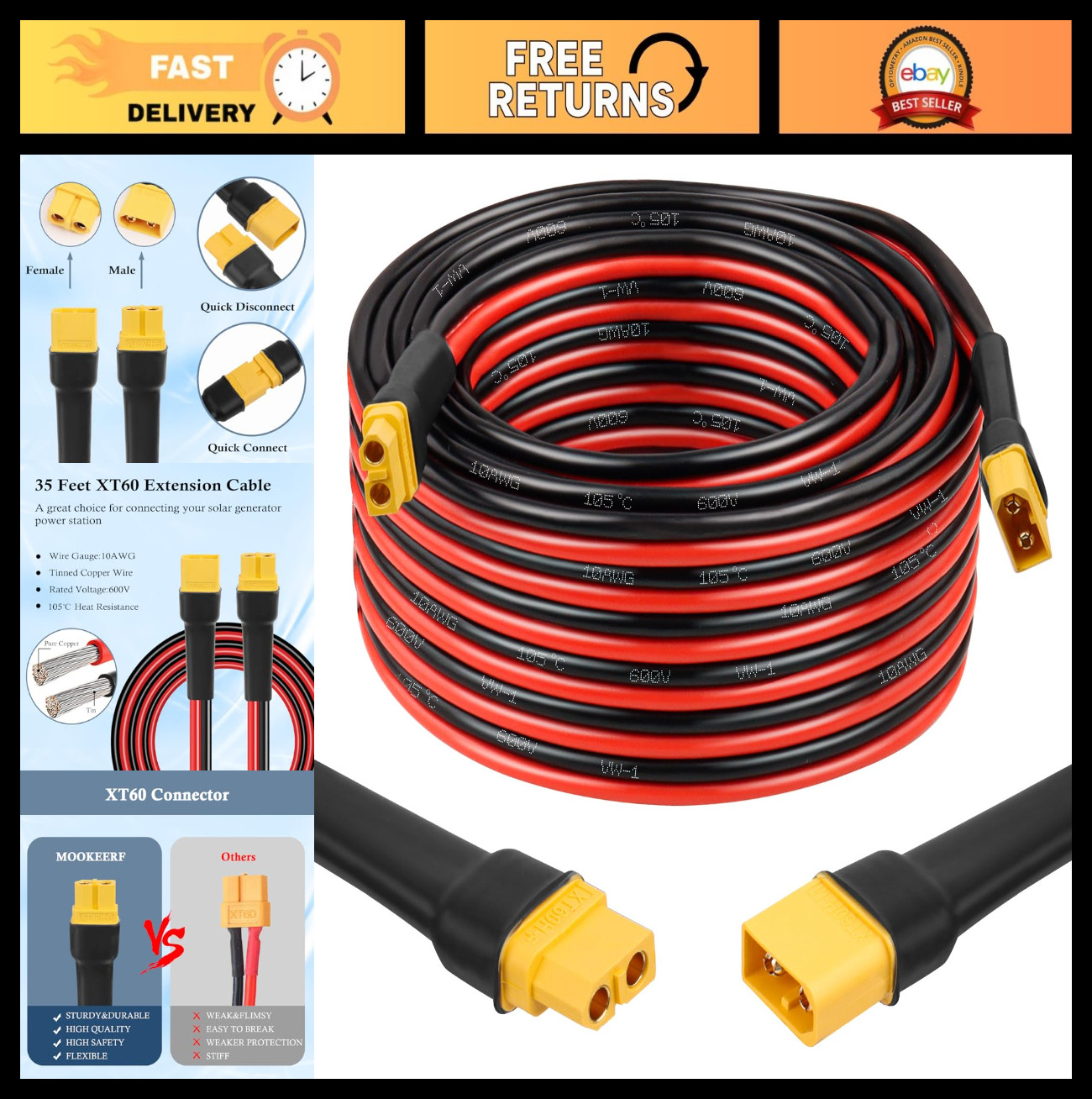 10AWG XT60 Extension Cable 35FT Male to Female Connector for Solar Power, RC Bat
