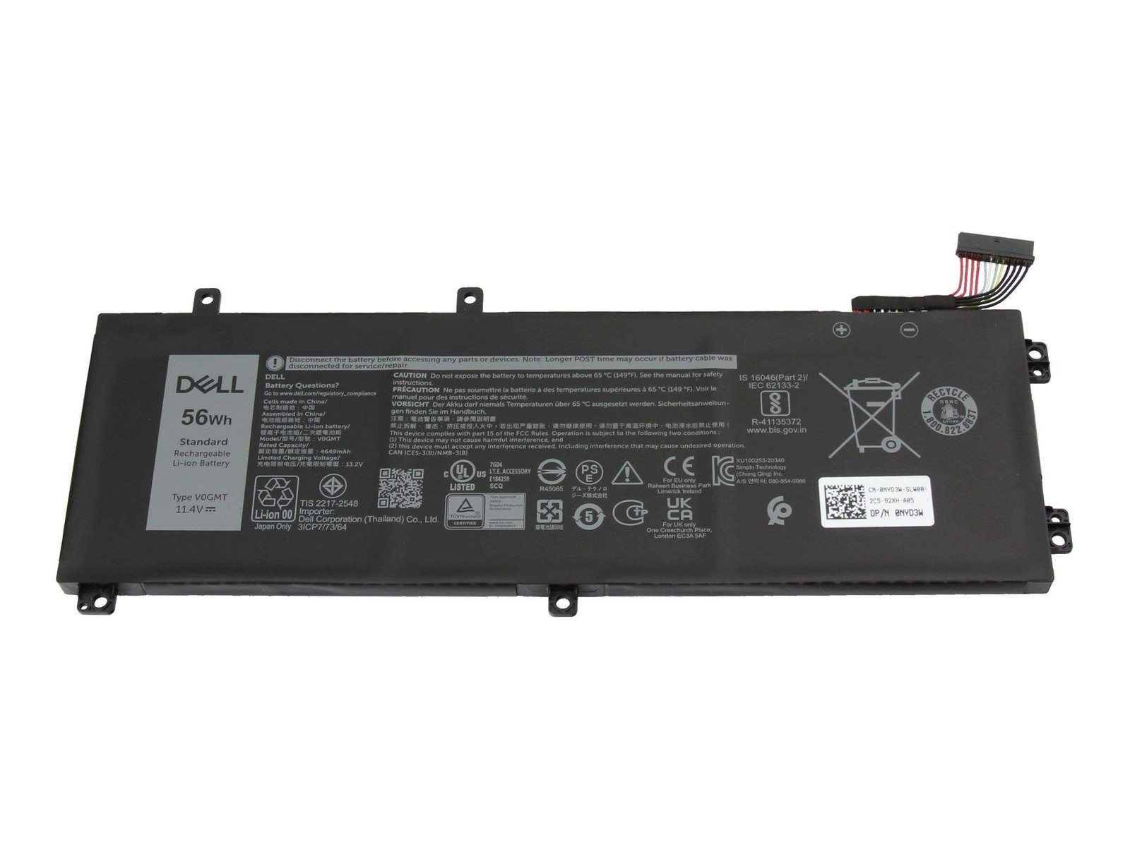 V0GMT Dell 56Wh 3-cell lithium-ion laptop battery 4,900 mAh ~D~