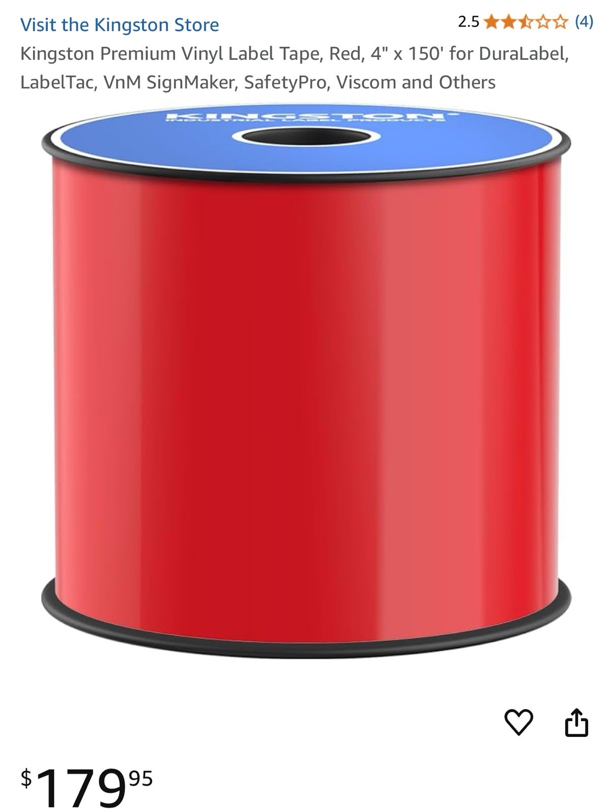Kingston Premium Vinyl Label Tape, Red, 4" x 150' for DuraLabel, LabelTac,