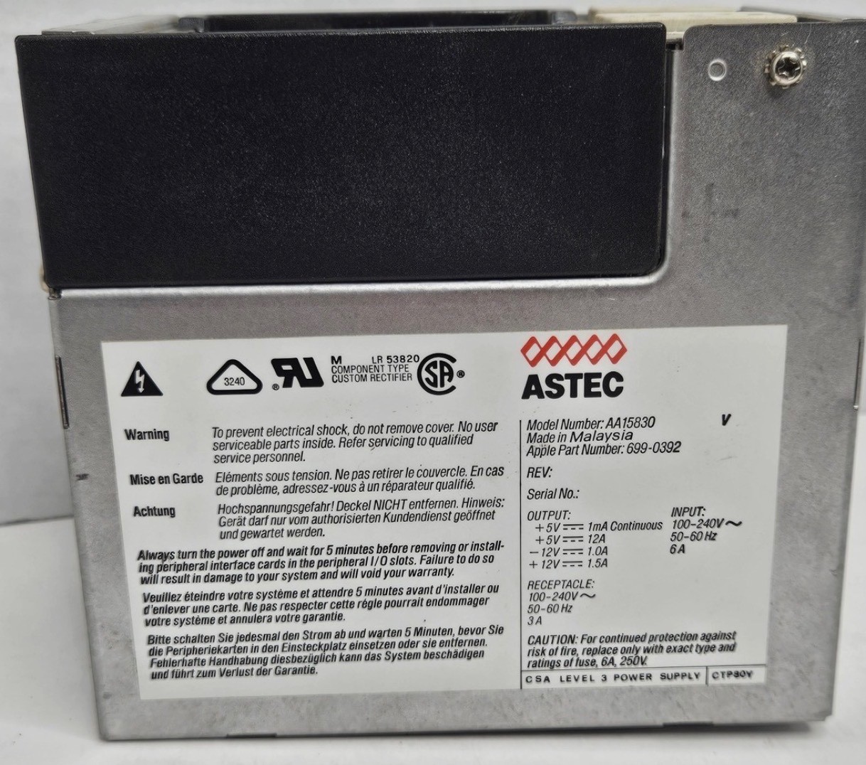 Vintage Apple Part 699-0392 Astec AA15830 Power Supply Macintosh IIcx IIci QTY..