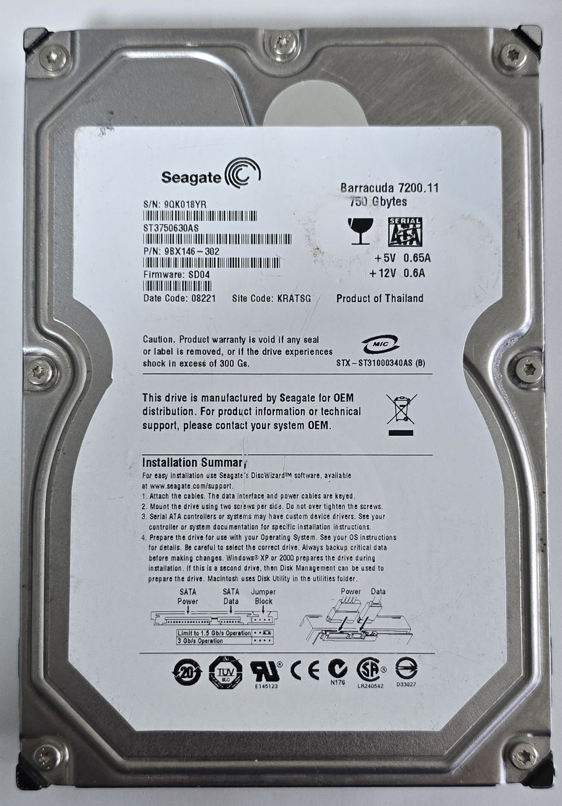 Seagate Barracuda 750GB ST3750630AS - Caution, Reallocated Sectors, Tested