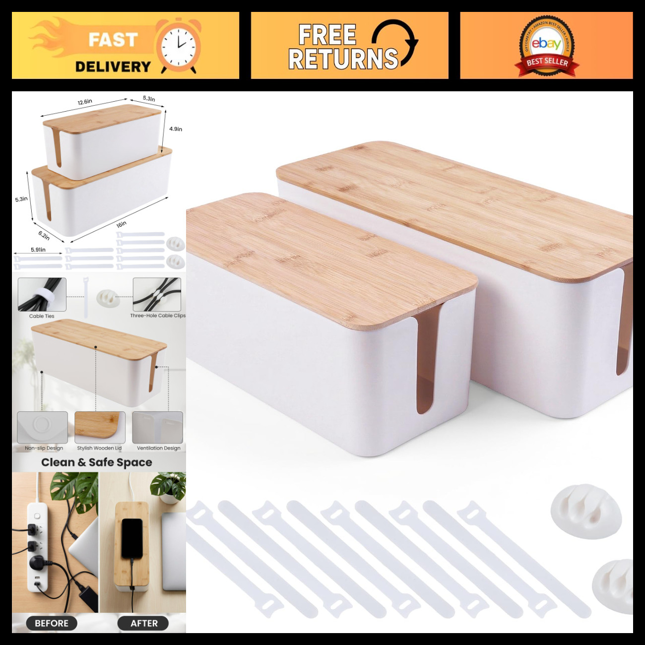 2 Pack Wooden Cable Management Box, Cord Organizer for Home & Office, Tidy Up Wi