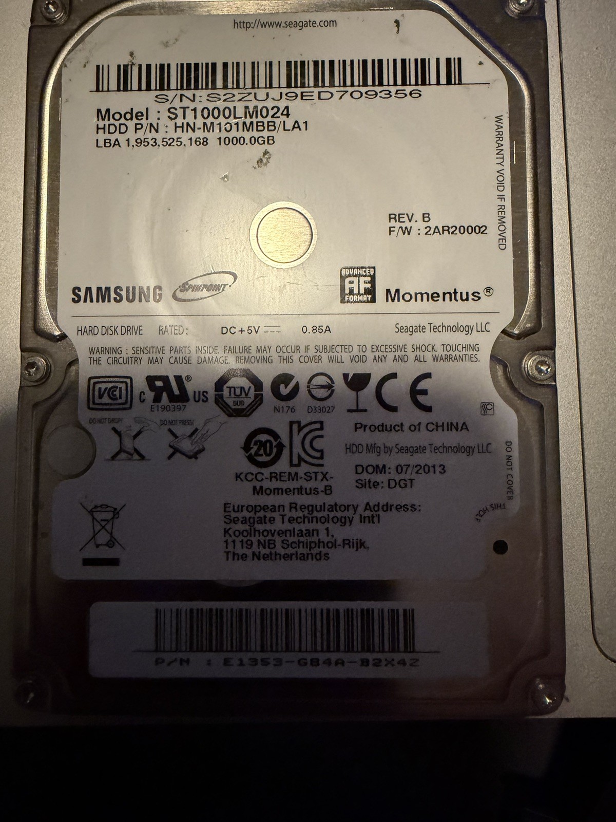 Samsung 1TB Momentus Spinpoint 2.5" SATA Hard Drive ST1000LM024 (HDD00016)