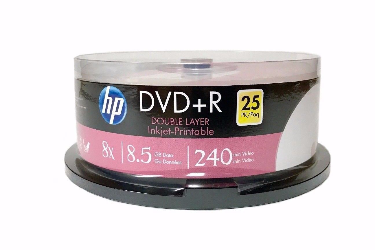 25 HP 8X Blank DVD+R DL Dual Double Layer 8.5GB White Inkjet Hub Printable Disc