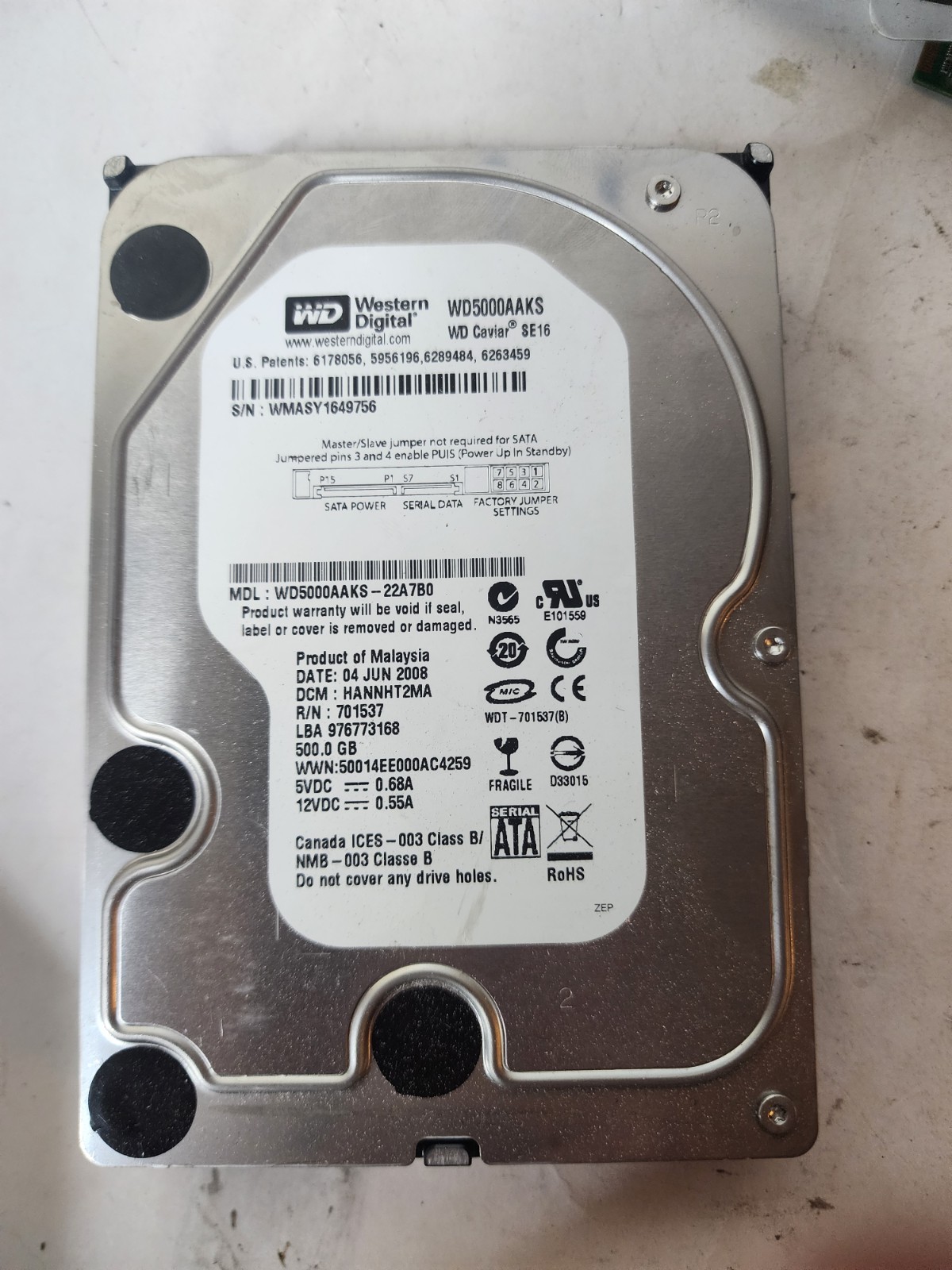 WESTERN DIGITAL WD5000AAKS-22A7B0 500GB SATA HARD DRIVE  DCM: HANNHT2MA